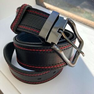 Handmade unisex leather black belt with red and black stitching